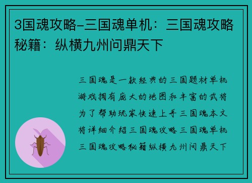 3国魂攻略-三国魂单机：三国魂攻略秘籍：纵横九州问鼎天下