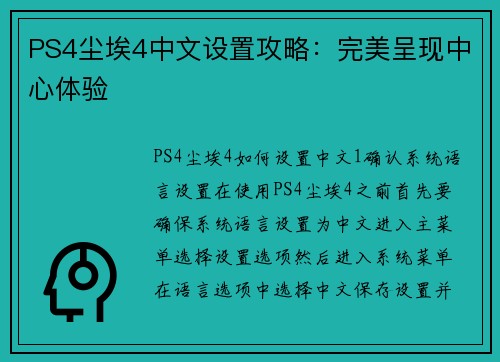 PS4尘埃4中文设置攻略：完美呈现中心体验