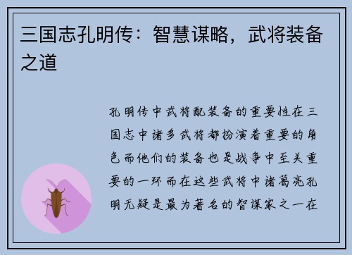 三国志孔明传：智慧谋略，武将装备之道